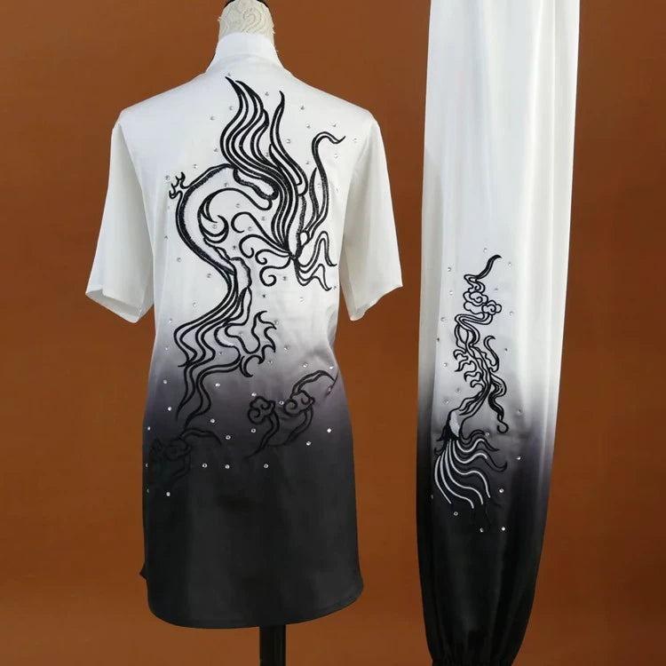 Customized size Tai chi clothing competition chinese kungfu uniforms for unisex Black white gradient embroidery martial arts clothes Changquan Nanquan suit - Moderndancedress.com