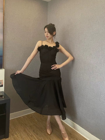 Women girls One Shoulder Slant Neck Flowers Ballroom Dance Dresses  Burgundy Black Waltz Tango Foxtrot Smooth Dance Rhythm Performance Long Skirts - Moderndancedress.com