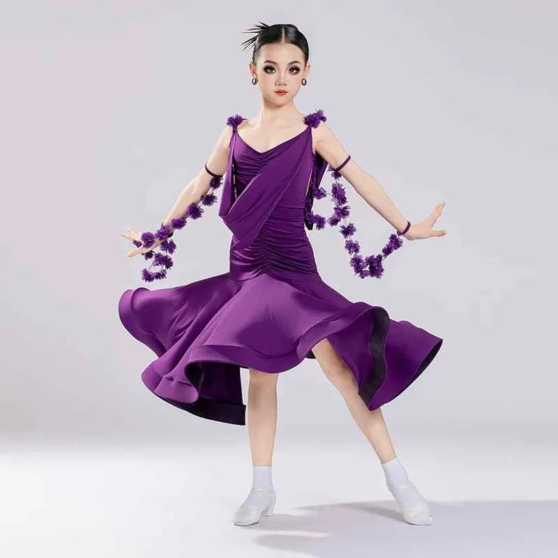 Girls Purple Ballroom Dance Dress  with Flowers Float Waltz Tango Performance Long Gown