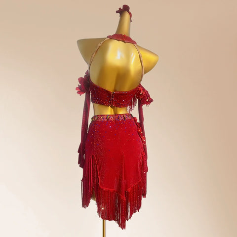Custom Size Wine Red Competition fringe Latin dance dresses for women girls kids salsa rumba bling performance clothes Blackpool dancing outfits