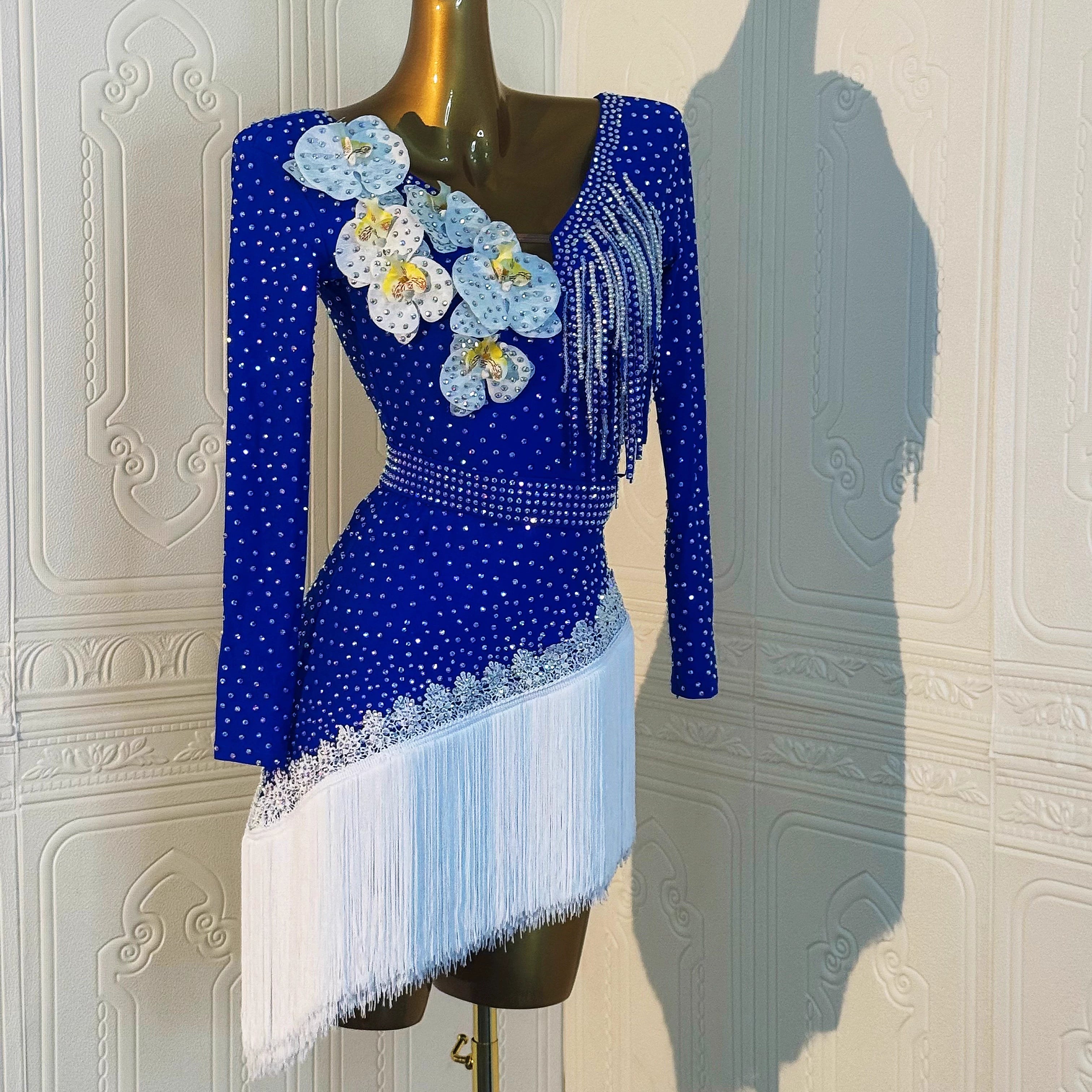Custom Size Royal Blue Competition Latin Dance Dresses Salsa Rumba Chacha Professional Dance Clothing