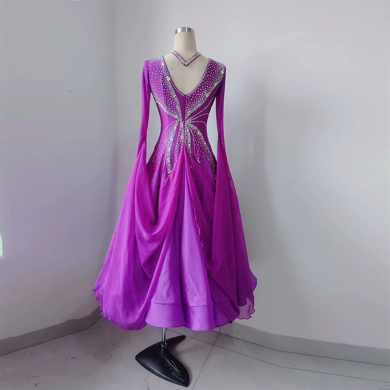 Customized Purple Competition Ballroom Dance Dress Waltz Foxtort Dance Long Gown