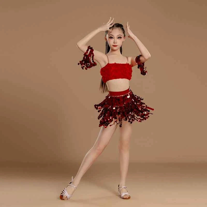 Girls Latin Dance Dresses Green Red Sequins Salsa Rumba Chacha Rose Jazz Dress for Kids Art Examination Outfits
