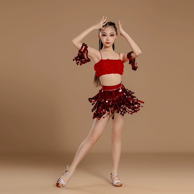 Girls Latin Dance Dresses Green Red Sequins Salsa Rumba Chacha Rose Jazz Dress for Kids Art Examination Outfits - Moderndancedress.com