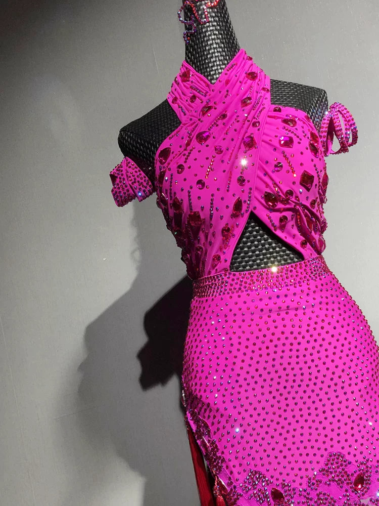 Custom Hot Pink Latin Dance Dress with Rhinestones & Fringe Blue Ballroom Competition Outfit
