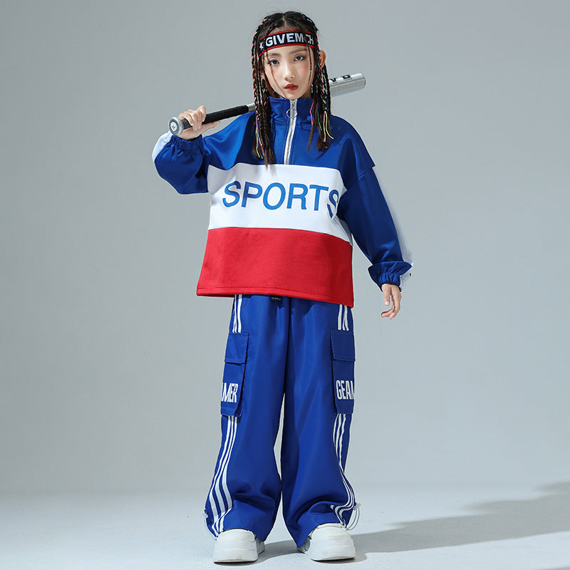 Boys Girls Blue red Hip Hop Jazz Dance Costumes Street Rapper Singers Gogo Dancers Kids Cheerleading Performance Uniforms Sports Class Uniforms - Moderndancedress.com