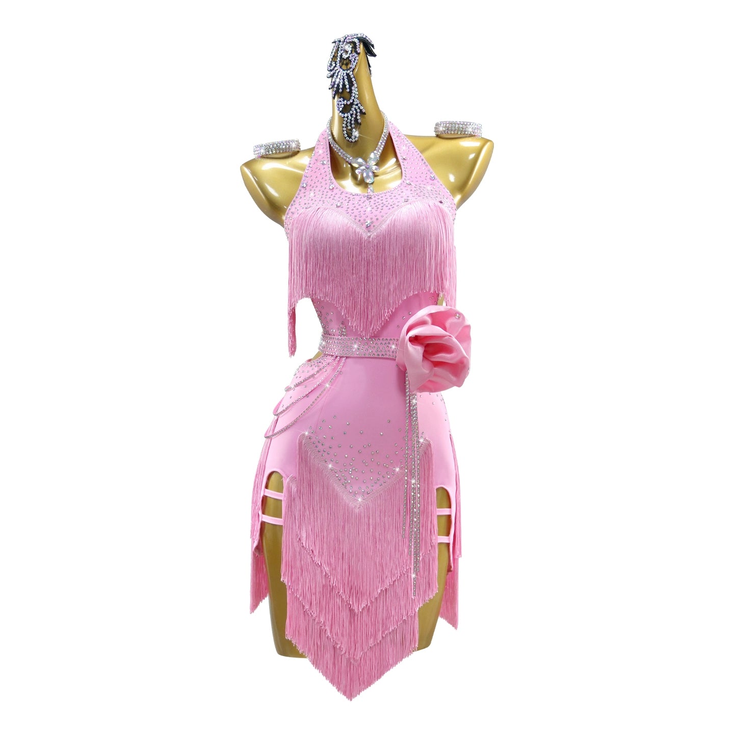 Pink Fringe Latin Dance Dress for Women Girls Diamond Salsa Rumba Chacha Ballroom Competition Costumes - Moderndancedress.com