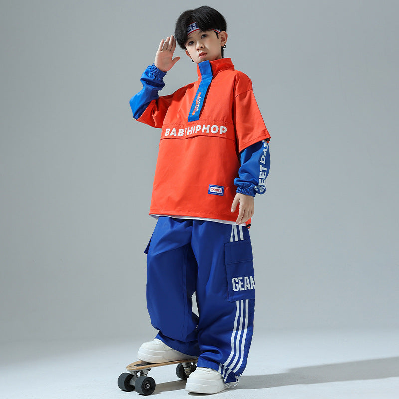 Girls Boys Hip Hop Jazz Dance Costumes Orange Blue Cheerleading Performance Class Uniforms Kids Rapper Singers Gogo Dancers Outfits - Moderndancedress.com