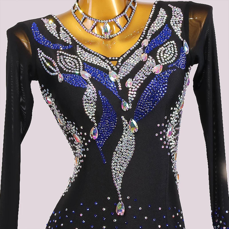 Custom Size Competition Royal Blue Gradient Ballroom Dance Dress Rhinestones Waltz Tango Performance Gown