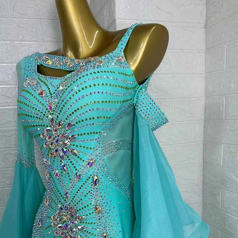 Custom Size Women's Blue Ballroom Dance Dress Competition Waltz Long Skirt