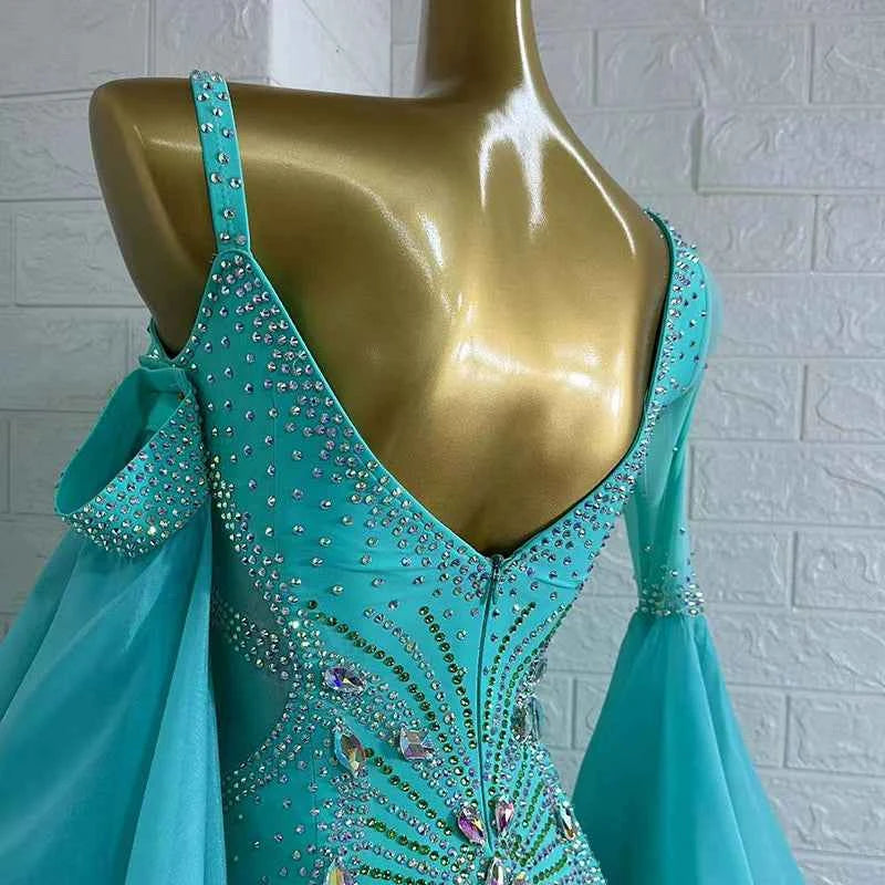 Custom Size Women's Blue Ballroom Dance Dress Competition Waltz Long Skirt