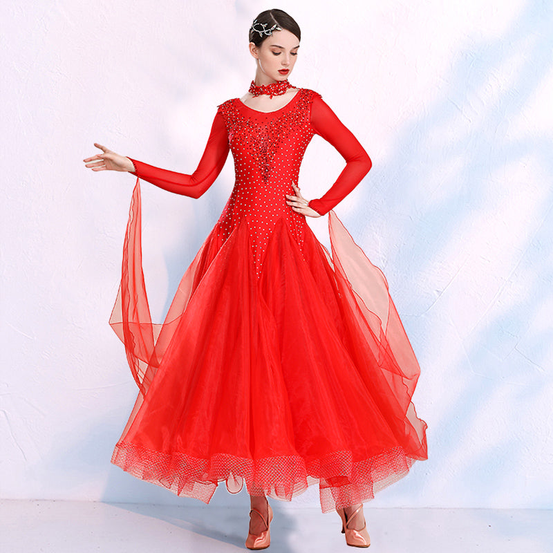 Red Pink Ballroom Dance Dresses for Women Girls Waltz Tango Foxtrot Smooth Modern Dance Swing Skirts - Moderndancedress.com