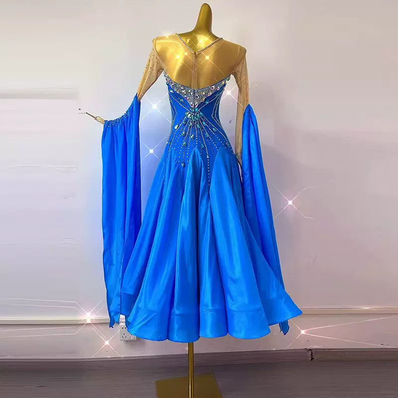 Customized Size Competition Blue Rhinestones Ballroom Dance Dress Waltz Tango Rhythm Foxtrot Dance Gowns