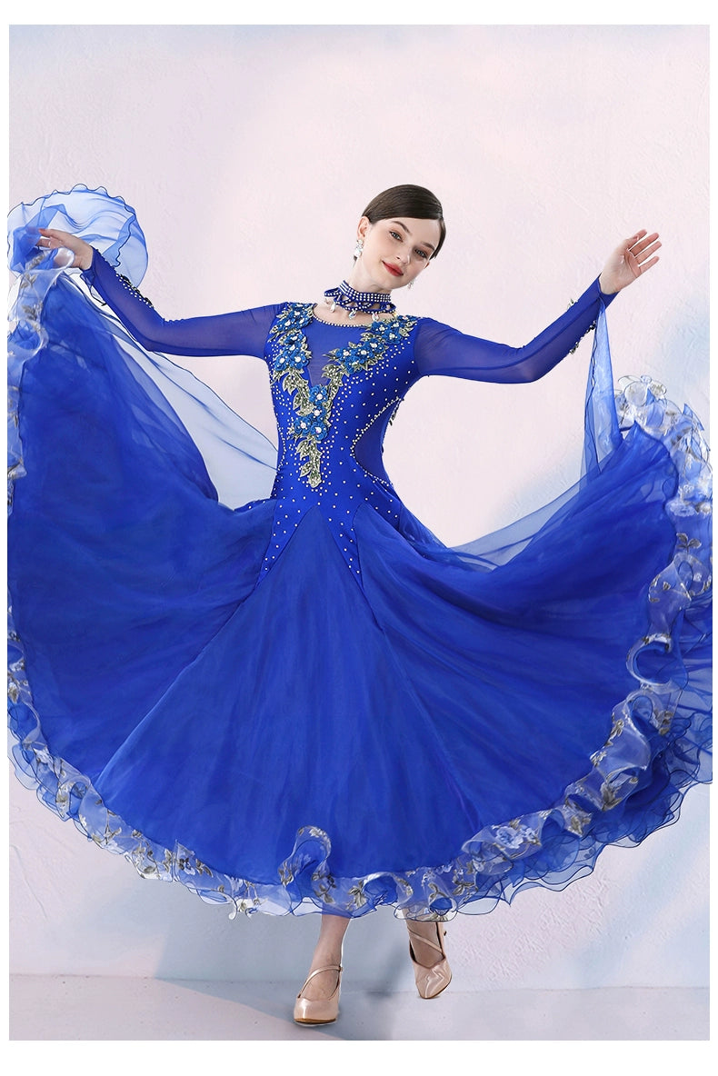 Women's Competition ballroom dance dresses for girls white pink blue waltz tango foxtrot rhythm moving dance long gown with float sleeves - Moderndancedress.com