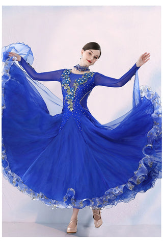 Women's Competition ballroom dance dresses for girls white pink blue waltz tango foxtrot rhythm moving dance long gown with float sleeves - Moderndancedress.com