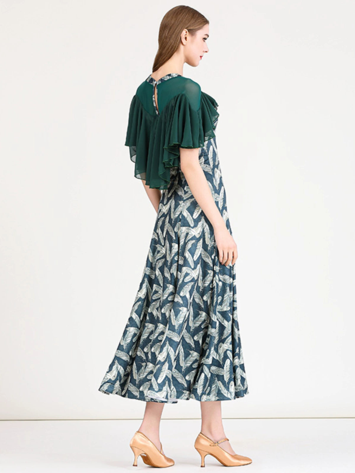 Pink Green Printed Modern Ballroom Dance Dress for Women Girls Waltz Tango Foxtrot Smooth Dance Long Gown - Moderndancedress.com