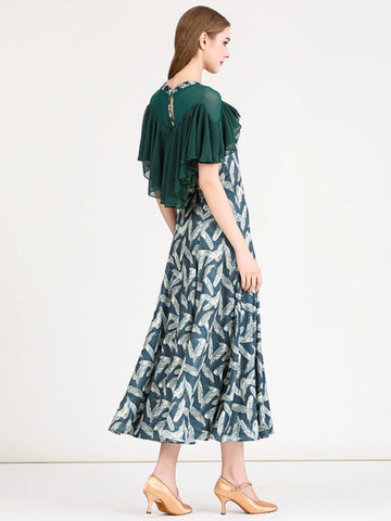 Pink Green Printed Modern Ballroom Dance Dress for Women Girls Waltz Tango Foxtrot Smooth Dance Long Gown - Moderndancedress.com