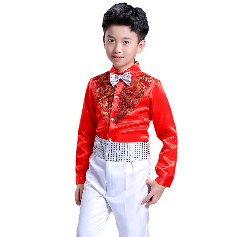 Boys Hip Hop Costume Sequin Shirts White Pants Suit Jazz Costumes Kids Stage Dancing Outfit Children Street Show Wear - Moderndancedress.com