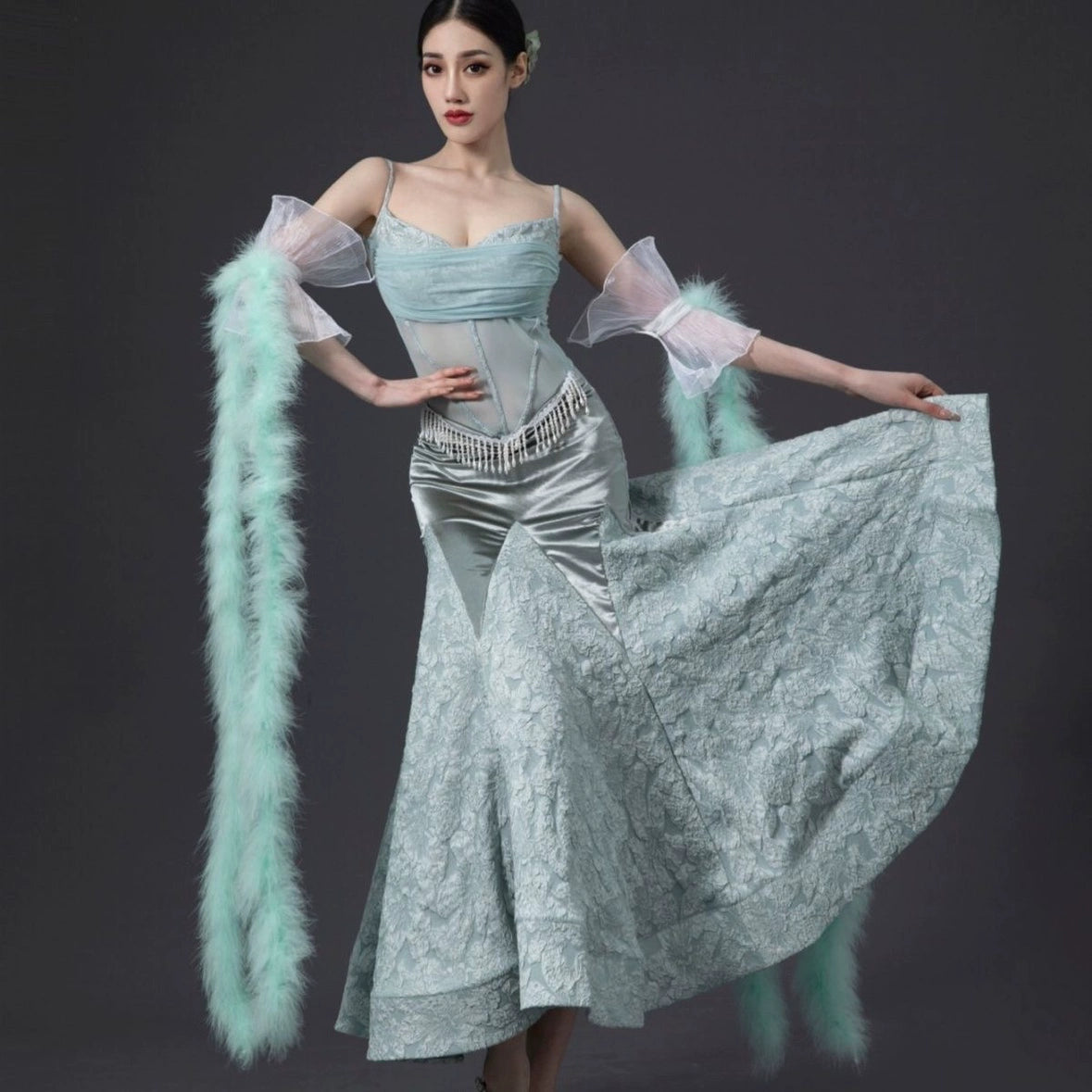 Pink Feather Ballroom Dance Dresses for Women Girls Green National Standard Waltz Tango Foxtrot Smooth Dance Long Swing Skirts - Moderndancedress.com