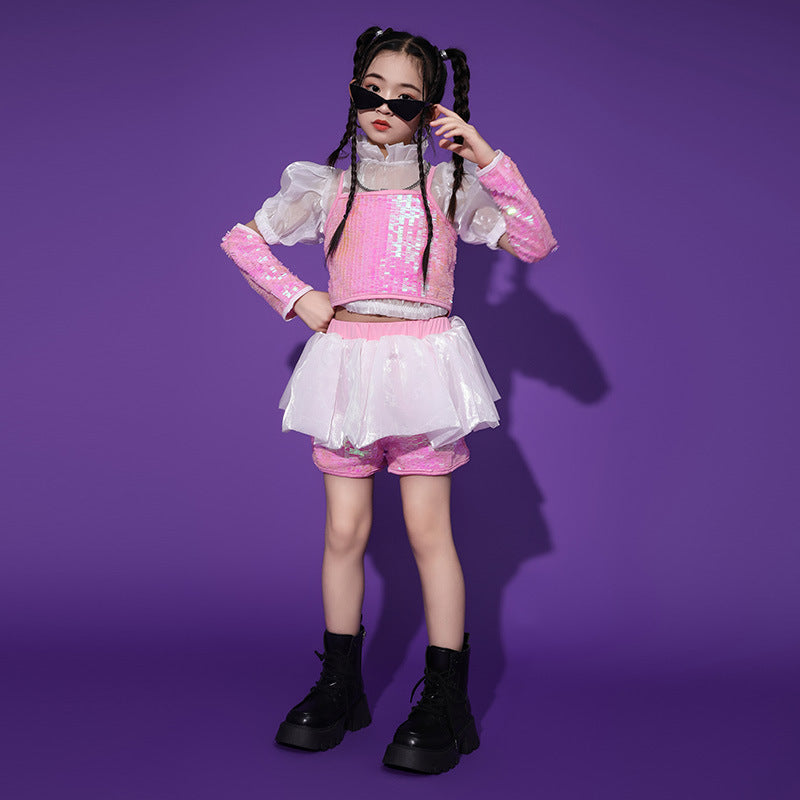 Girls Hiphop Dance Costumes Pink Sequins Runway Catwalk Event Party Gogo Dancers Performance Outfits for Kids - Moderndancedress.com