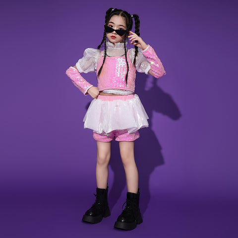 Girls Hiphop Dance Costumes Pink Sequins Runway Catwalk Event Party ...