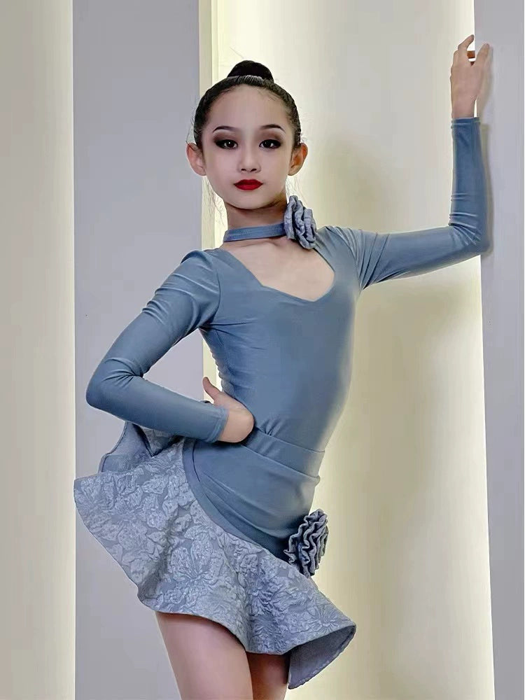 Latin dance Dresses for girls kids white pink lace irregular hem children's salsa rumba chacha performance outfits long sleeves for Children - Moderndancedress.com