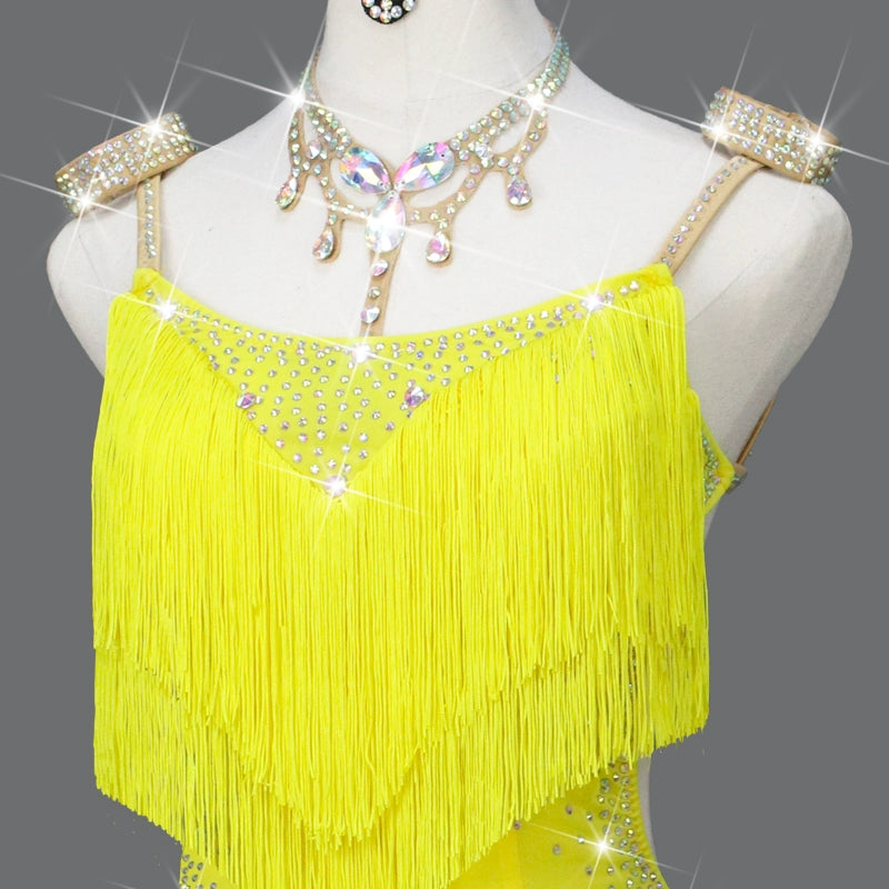 Yellow Latin dance competition Tassels dresses for women girls  latin salsa rumba chacha ballroom performance contest dance clothes - Moderndancedress.com