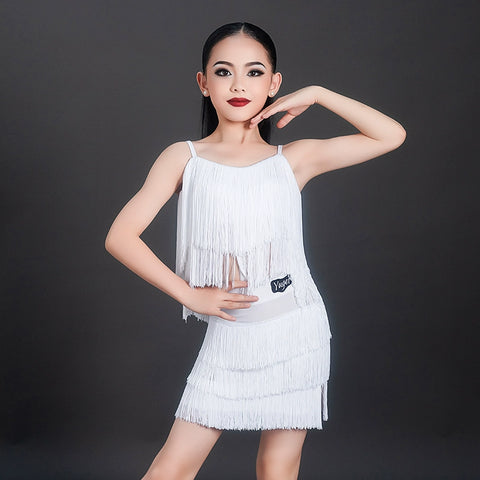 Girls wine white Latin dance  fringed dresses kids children fashion ballroom salsa rumba chacha solo performance practice suit - Moderndancedress.com