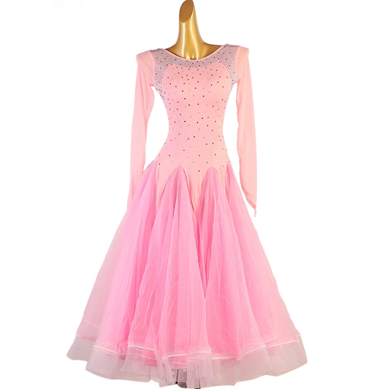 Adult kids Pink ballroom dance dresses national standard dance large swing skirt bling social dance waltz performance competition gown - Moderndancedress.com