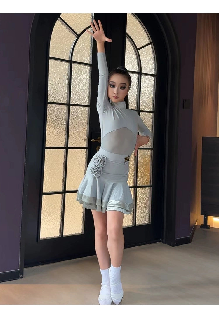 Grey Boneless Latin Dance Dresses for Girls Kids Flowers Long Sleeve Salsa Chacha Latin Ballroom Exam Competition Performance Skirt - Moderndancedress.com