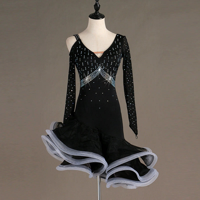 Latin Dance Dresses Mesh Long Sleeve Dance  Performing Dresses Rhinestones Long Sleev Dress - Moderndancedress.com