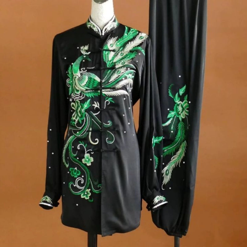 Custom Size Tai Chi Clothing Dark Green Embroidered Phoenix Wushu Martial Arts Kunfu Group Performance Uniforms - Moderndancedress.com