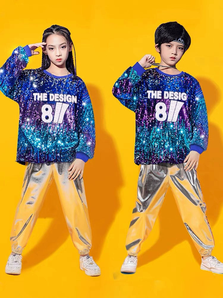 Children's Silver Blue Sequins Hip Hop Jazz Dance Costumes Boys Girls Street Dance Clothing Gogo Dancers Stage Performance Outfits for Kids - Moderndancedress.com
