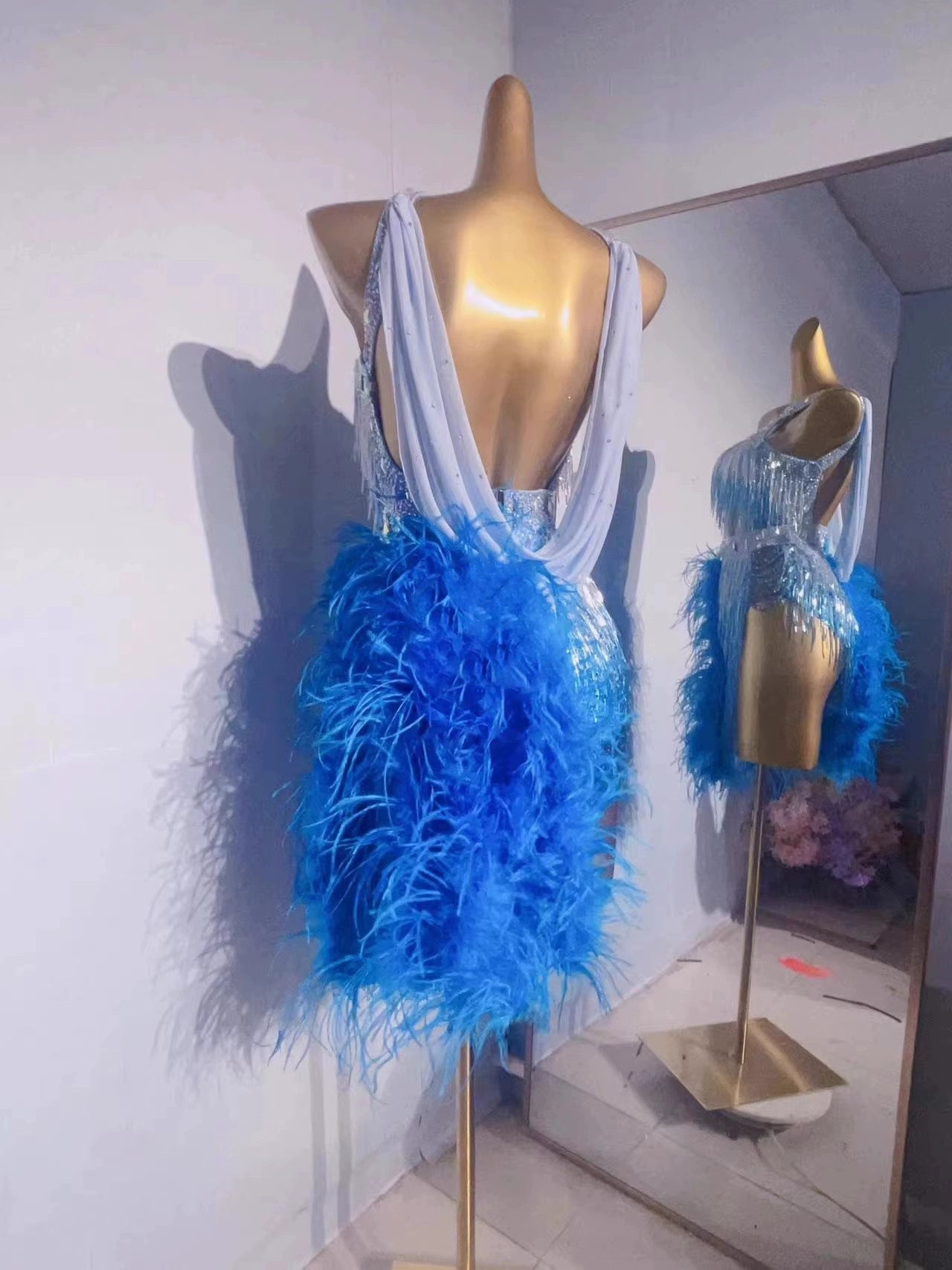 Custom Size Blue Feather Competition Latin Dance Dresses for Women Girls Blackpool Dance Wear - Moderndancedress.com