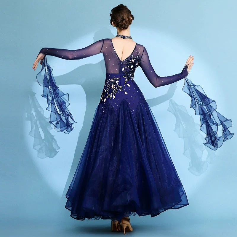 Navy Ballroom Competition Dress with Rhinestones & Floats Waltz Rhythm Dance Gown
