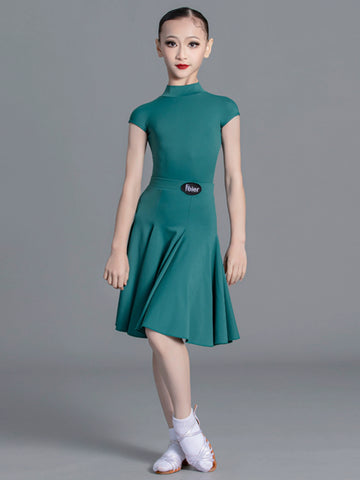 Latin Dance dresses for kids Girls green wine Competition Short Sleeve International modern Dance Standard Suit for children - Moderndancedress.com