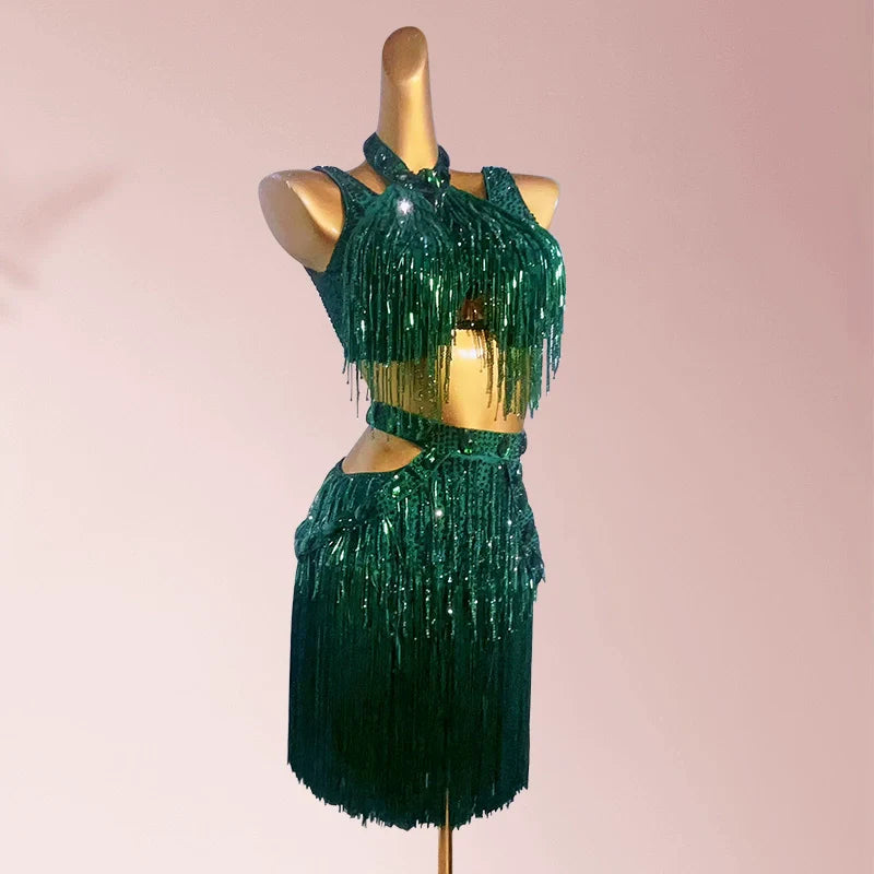 Custom size Dark Green Competition Latin dance dresses for women girls kids salsa samba solo dance flower clothes art test clothing - Moderndancedress.com