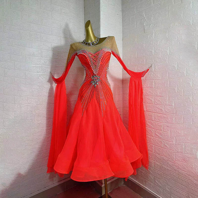 Custom Coral Red Ballroom Dance Dress with Luxury Crystals | Smooth Gown