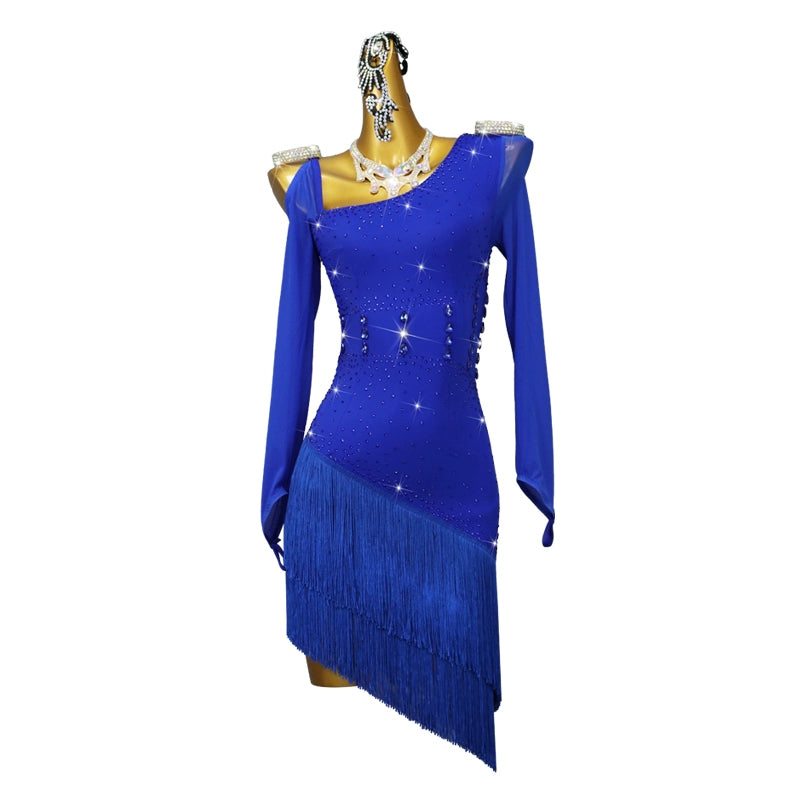 Royal Blue Fringe Competition Latin Dance Dresses for Women Girls Slant Neck One Shoulder Professional Rhythm Cha Cha Jive Salsa Stage Performance Costumes