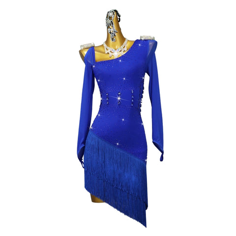 Royal Blue Fringe Competition Latin Dance Dresses for Women Girls Slant Neck One Shoulder Professional Rhythm Cha Cha Jive Salsa Stage Performance Costumes