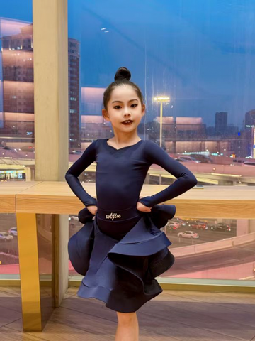 Blue green Latin ballroom dance competition dresses for girls kids salsa rumba chacha  standard dance uniforms - Moderndancedress.com