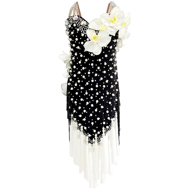 Girls Latin Dance Dress Black White Flowers Pearls Latin Performance Dresses for Kids Salsa Latin Dance Costumes