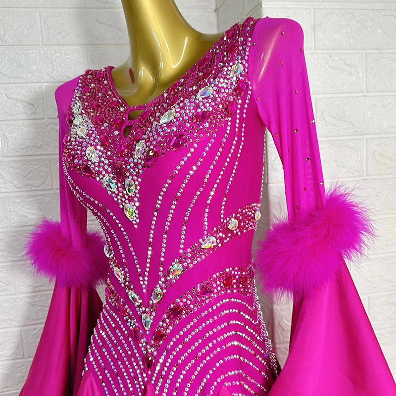 Custom Size Fuchsia Pearl Satin Competition Ballroom Dance Dresses for Women Girls Tango Rhythm Waltz Dance Long Skirts - Moderndancedress.com