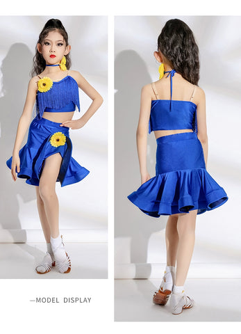 Girls red blue fringe Latin dance competition solo dance costumes modern dance competition clothes for kids - Moderndancedress.com