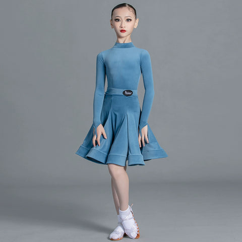 Girls light blue pink green Latin Dance Competition dresses ballroom salsa rumba cha cha Regulations Costume for kids - Moderndancedress.com