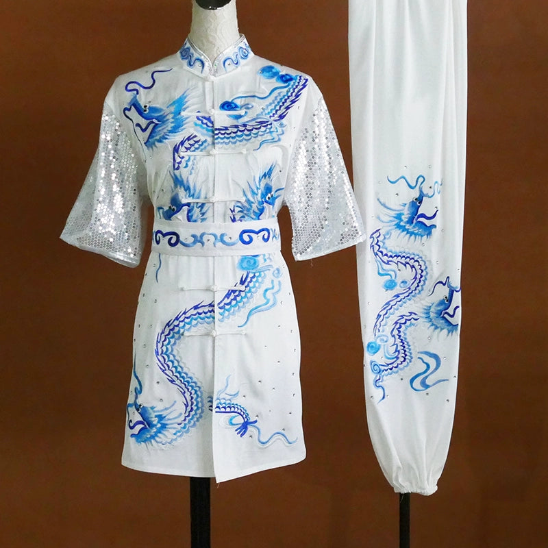 Martial Arts Clothes for Unisex White Dragon Embroidery Professional Wushu Tai Chi Uniform Changquan Student Competition Suit - Moderndancedress.com