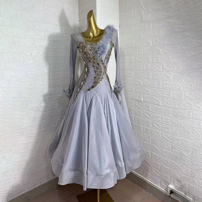 Custom Size Gold Rhinestone Silver Ballroom Dance Dress for Women Feather Standard Waltz Tango Rhythm Competition Gown