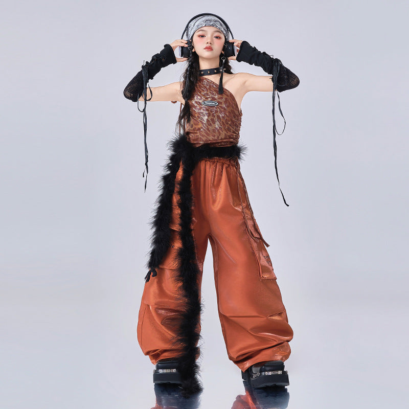Girls Jazz Dance Costume K Hip Hop Dance Outfits Metallic Cargo Pants & Leopard Halter Wear