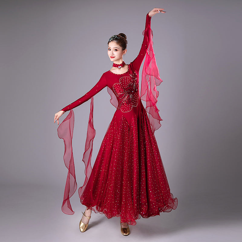 Wine Competition Ballroom Dance Dresses for Women Girls  Embroidered Diamond Waltz Tango Performance Gown - Moderndancedress.com