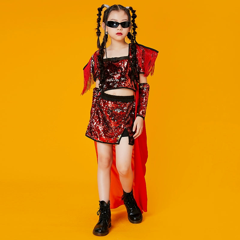 Children's Purple Red Sequins Street Jazz Dance Costumes Party Rapper Singers Gogo Dancers Wear Runway Model Walk Show Outfits - Moderndancedress.com